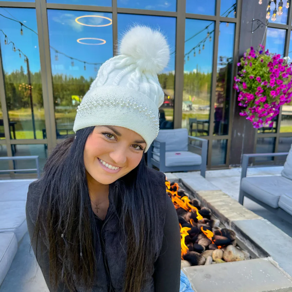 C.C Pearl Embellished Cuff Faux-Fur Pom Beanie