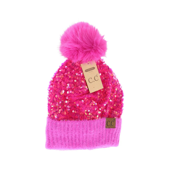 C.C Cluster Sequin Faux Fur Pom Beanie