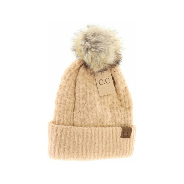C.C Smocking Stitch Pattern Pom Beanie