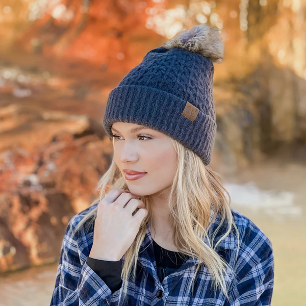 C.C Smocking Stitch Pattern Pom Beanie
