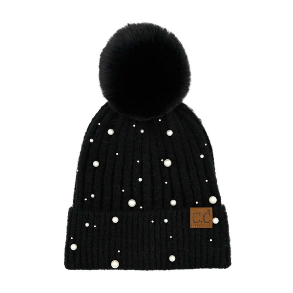 C.C Pearl Embellishment Faux Fur Pom Beanie