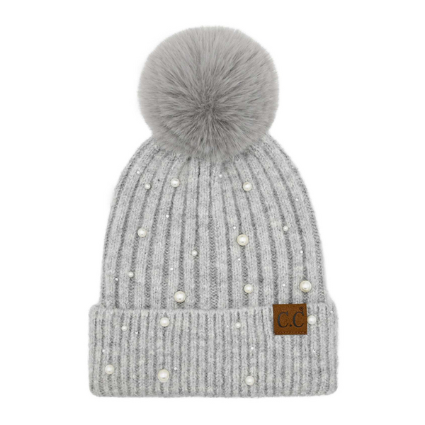C.C Pearl Embellishment Faux Fur Pom Beanie