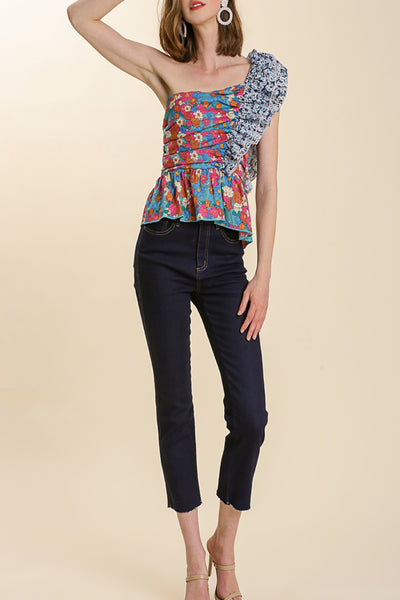 Summer Fling One Shoulder Mixed-Floral Print Poplin Top