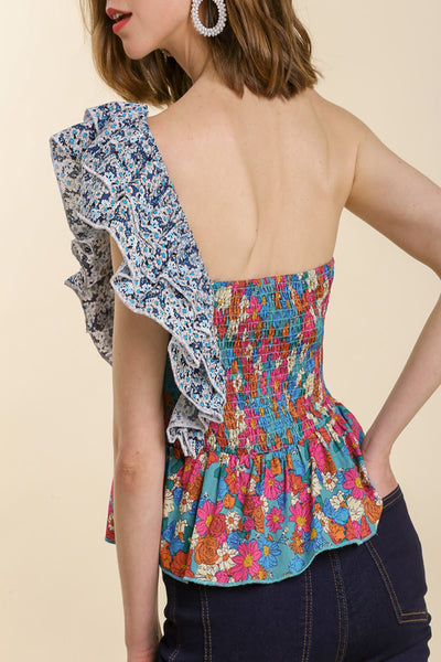 Summer Fling One Shoulder Mixed-Floral Print Poplin Top