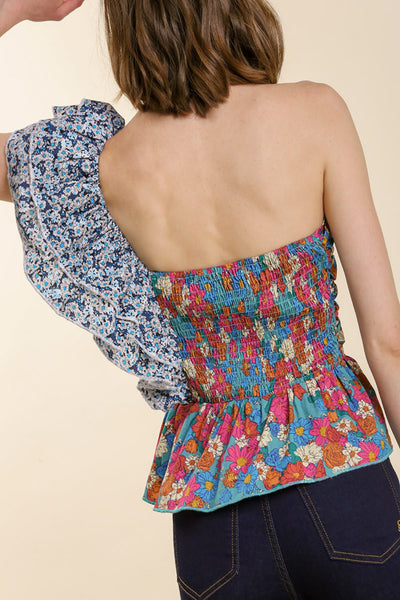 Summer Fling One Shoulder Mixed-Floral Print Poplin Top