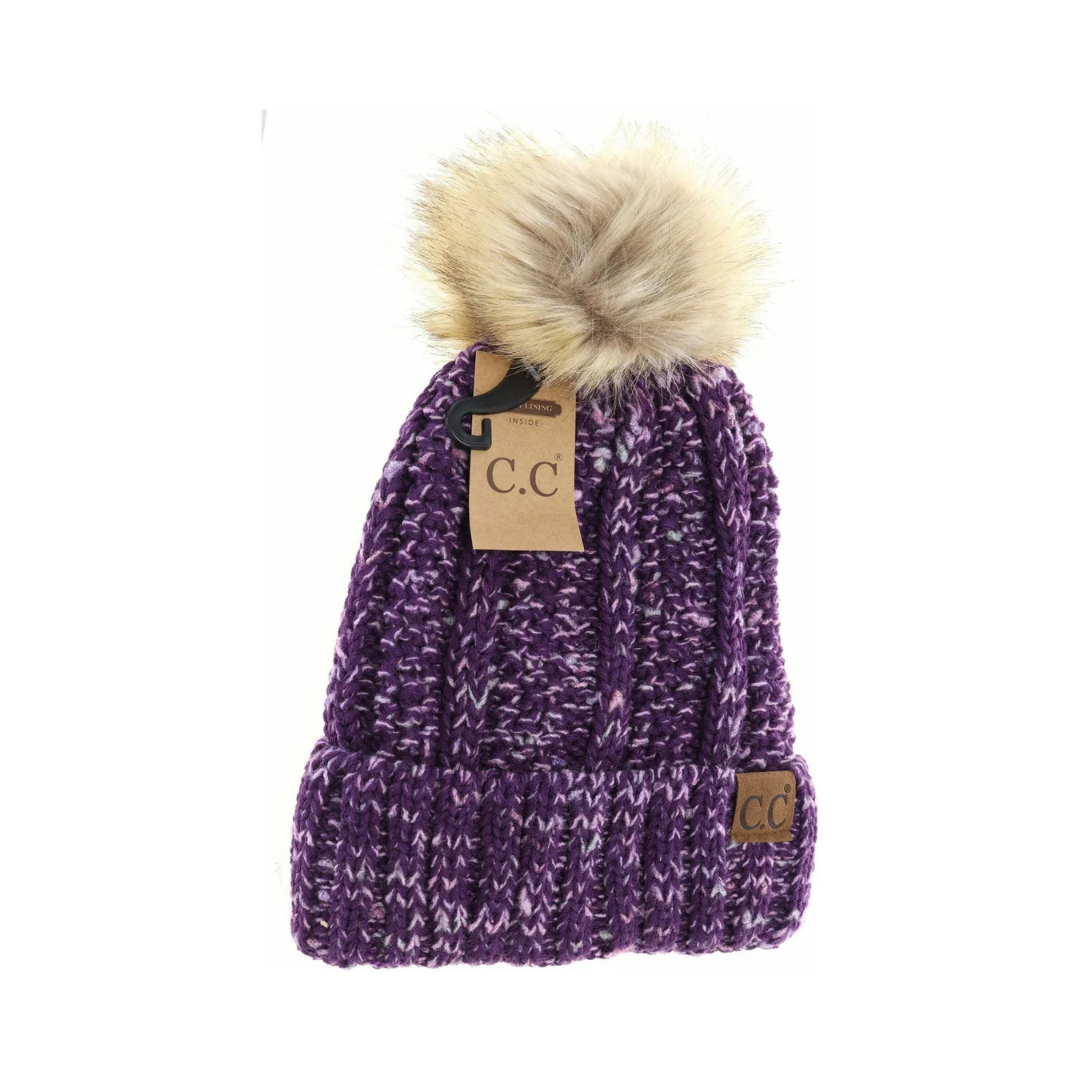 C.C Fuzzy Lined Confetti Knit Fur Pom Beanie