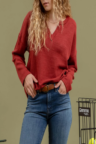 Little Things Solid Notch Neck Rib Knit Top