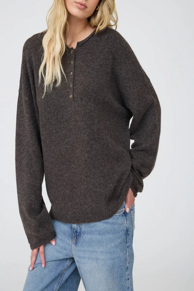 Small Town Raw Rolled Edge Henley Sweater