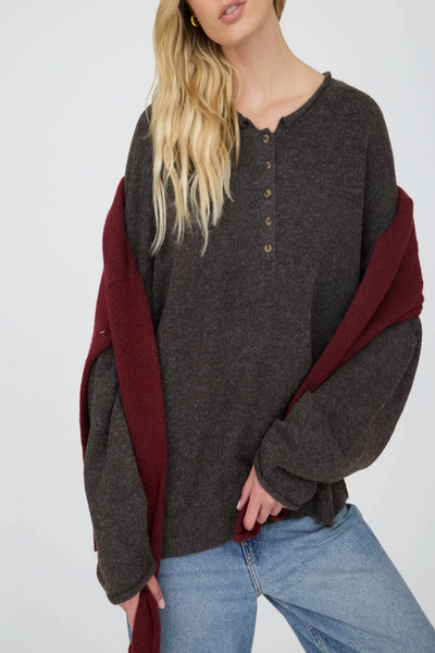 Small Town Raw Rolled Edge Henley Sweater