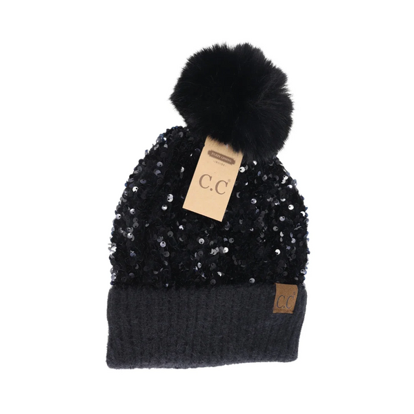 C.C Cluster Sequin Faux Fur Pom Beanie