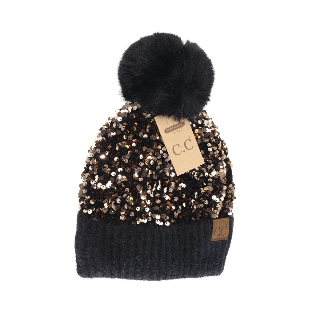 C.C Cluster Sequin Faux Fur Pom Beanie