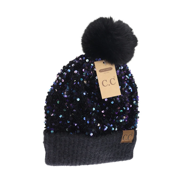 C.C Cluster Sequin Faux Fur Pom Beanie