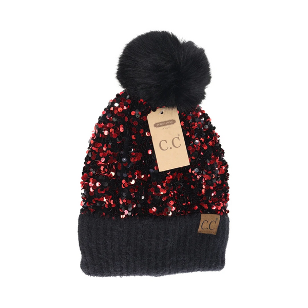 C.C Cluster Sequin Faux Fur Pom Beanie