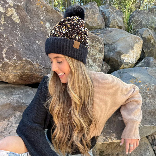 C.C Cluster Sequin Faux Fur Pom Beanie