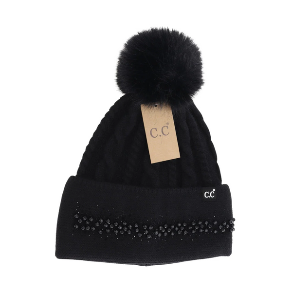 C.C Pearl Embellished Cuff Faux-Fur Pom Beanie