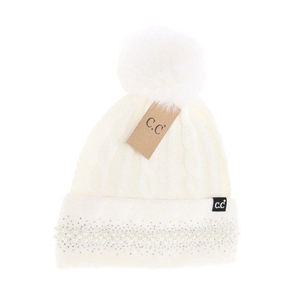 C.C Pearl Embellished Cuff Faux-Fur Pom Beanie