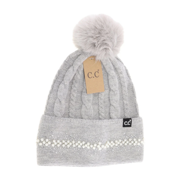 C.C Pearl Embellished Cuff Faux-Fur Pom Beanie