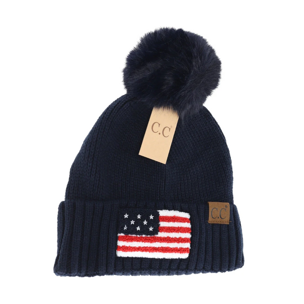 C.C USA Chenille Patch Faux Fur Pom Beanie