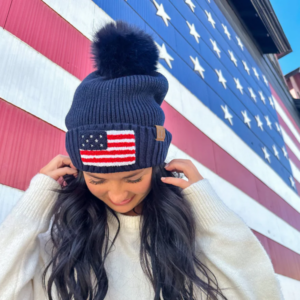 C.C USA Chenille Patch Faux Fur Pom Beanie