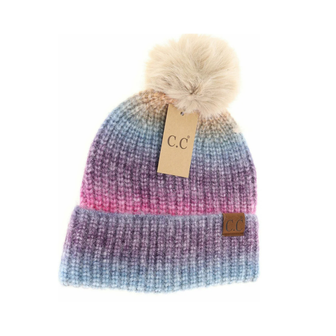 C.C Multicolored Ombre Fur Pom Beanie