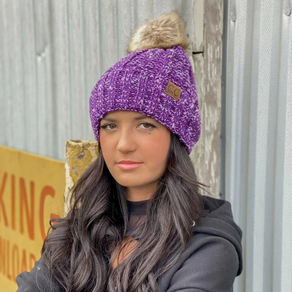 C.C Fuzzy Lined Confetti Knit Fur Pom Beanie