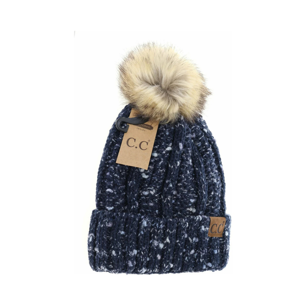 C.C Fuzzy Lined Confetti Knit Fur Pom Beanie