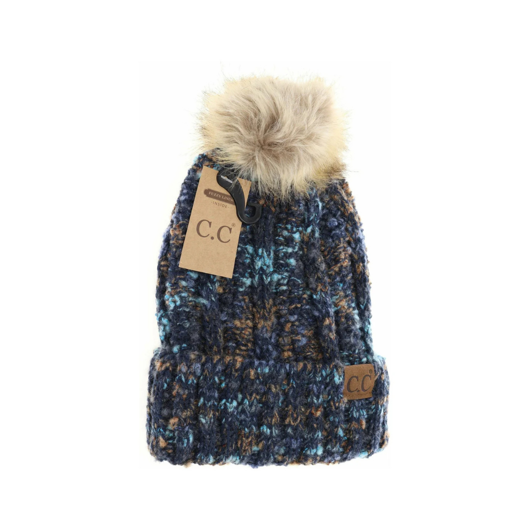 C.C Fuzzy Lined Confetti Knit Fur Pom Beanie