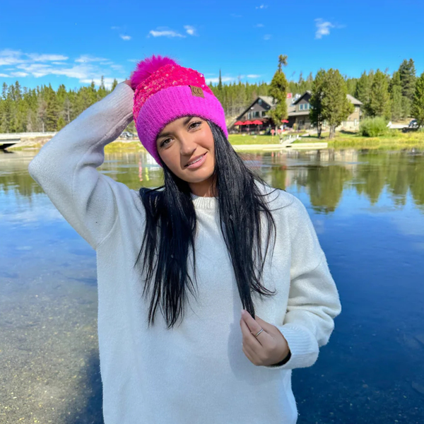 C.C Cluster Sequin Faux Fur Pom Beanie