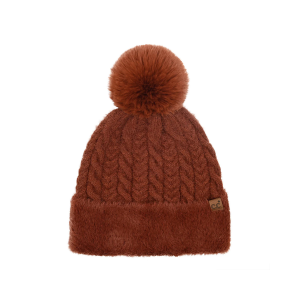 C.C Cable Knit Fur Cuff Pom Beanie