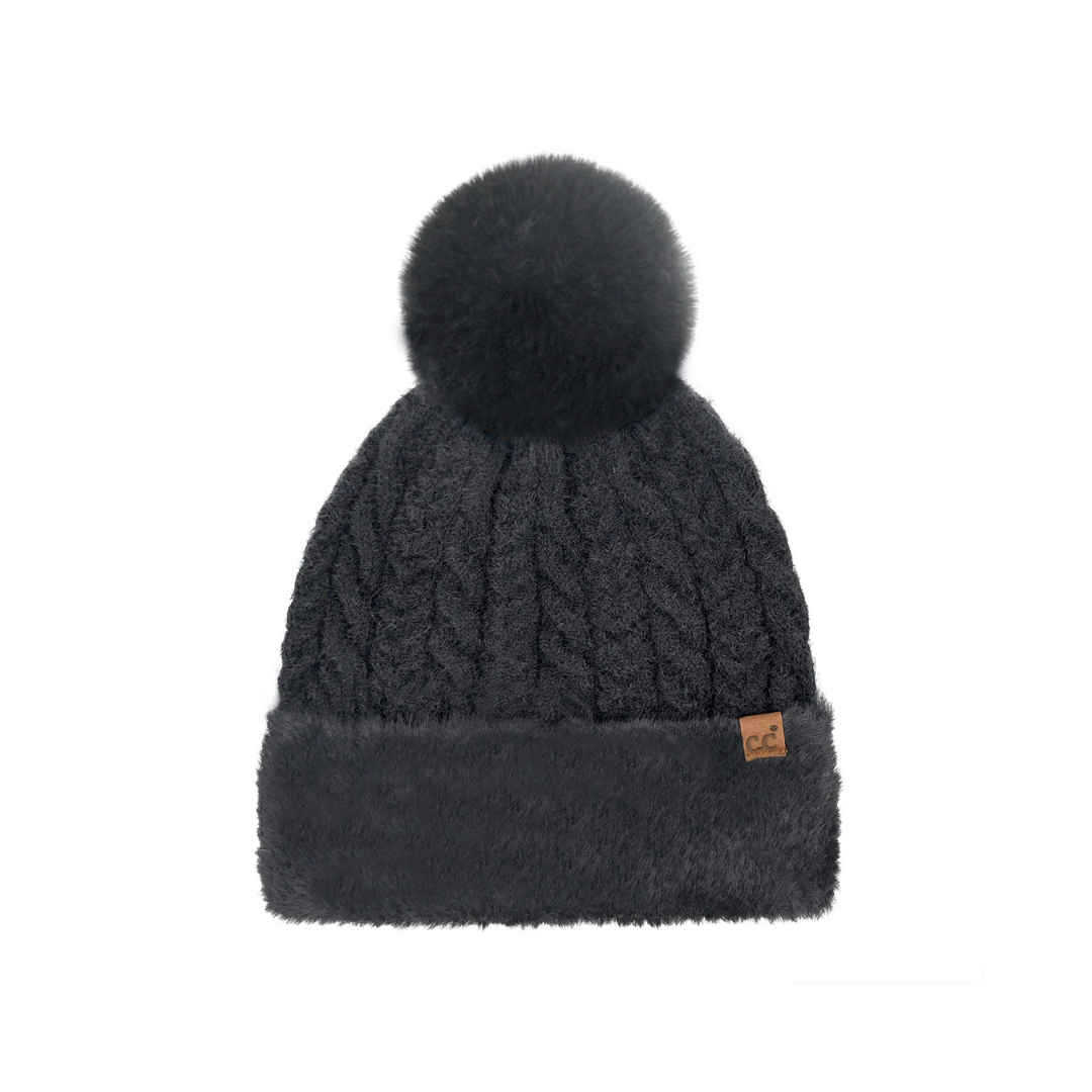 C.C Cable Knit Fur Cuff Pom Beanie