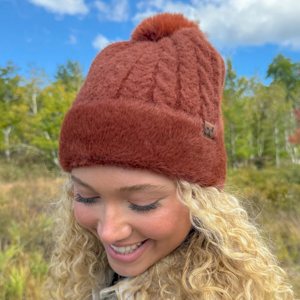 C.C Cable Knit Fur Cuff Pom Beanie