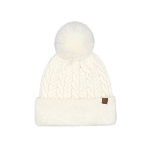 C.C Cable Knit Fur Cuff Pom Beanie