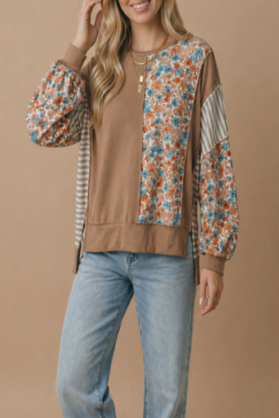 Where You Lead Floral & Stripe Print Colorblock Pullover Top