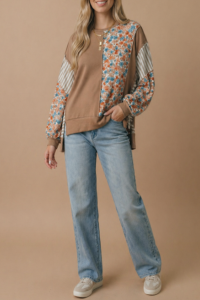 Where You Lead Floral & Stripe Print Colorblock Pullover Top