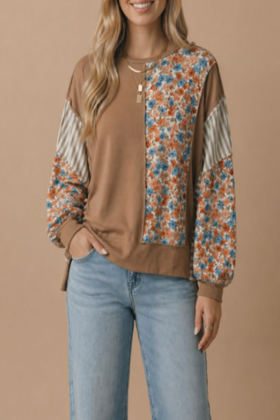 Where You Lead Floral & Stripe Print Colorblock Pullover Top
