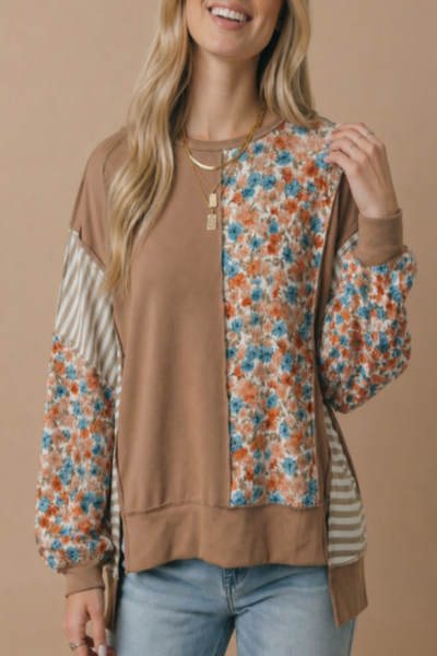 Where You Lead Floral & Stripe Print Colorblock Pullover Top