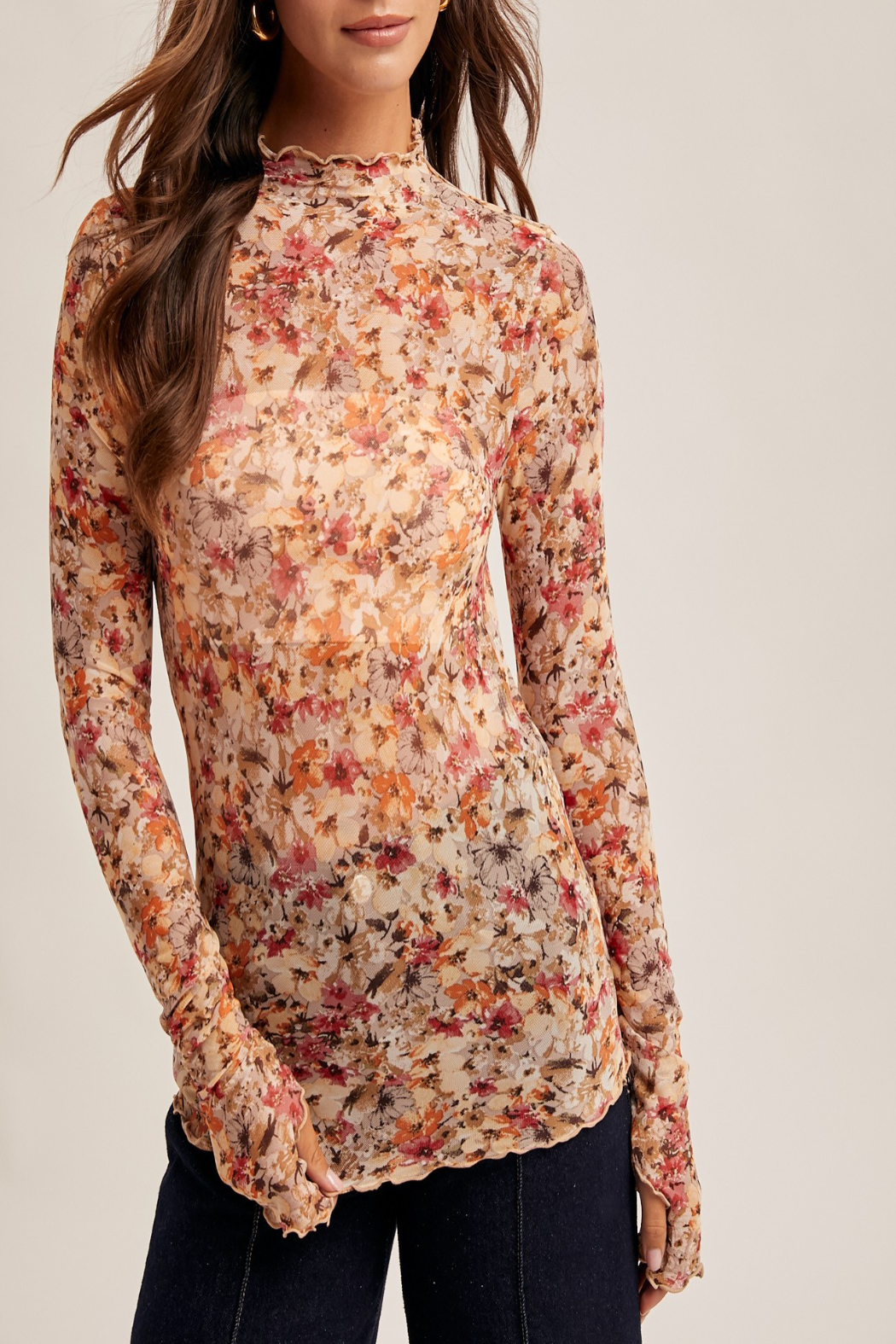 Flower Child Floral Print Mesh Mock Neck Top