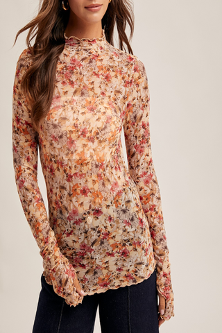 Flower Child Floral Print Mesh Mock Neck Top