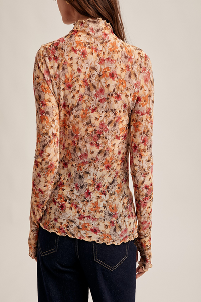 Flower Child Floral Print Mesh Mock Neck Top
