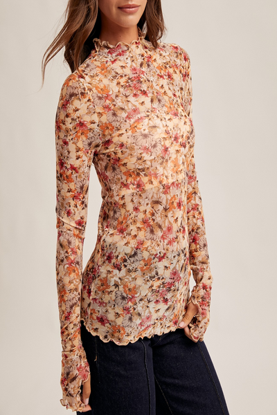 Flower Child Floral Print Mesh Mock Neck Top