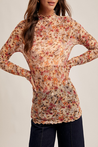 Flower Child Floral Print Mesh Mock Neck Top