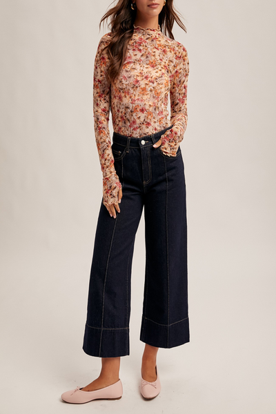 Flower Child Floral Print Mesh Mock Neck Top