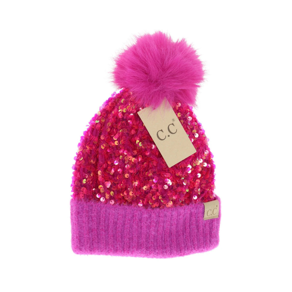 C.C Kids Cluster Sequin Faux Fur Pom Beanie