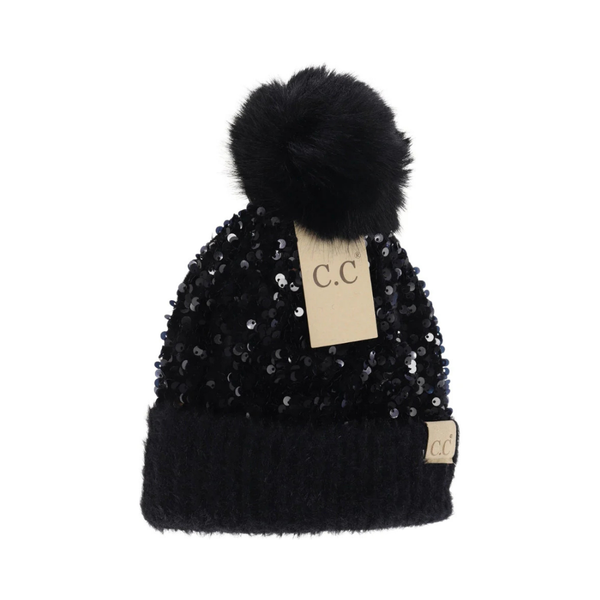 C.C Kids Cluster Sequin Faux Fur Pom Beanie