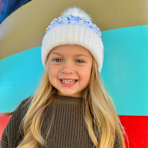 C.C Kids Cluster Sequin Faux Fur Pom Beanie