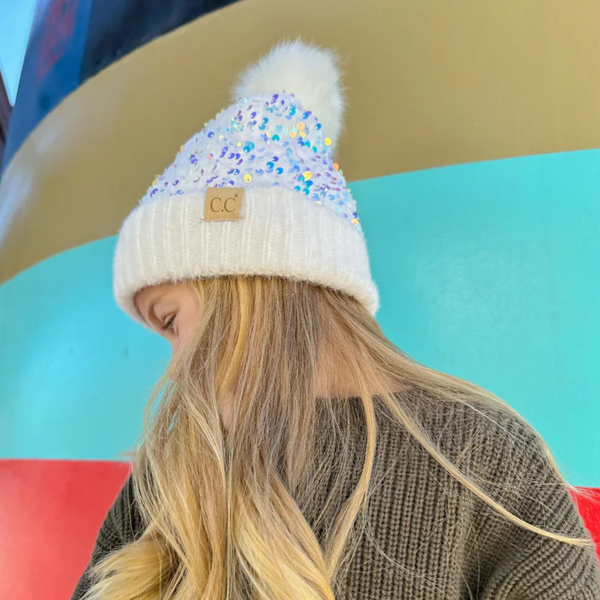 C.C Kids Cluster Sequin Faux Fur Pom Beanie