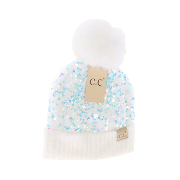 C.C Kids Cluster Sequin Faux Fur Pom Beanie