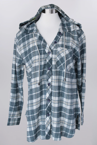 Plaid shirt with hood on a mannequin against a gray background
