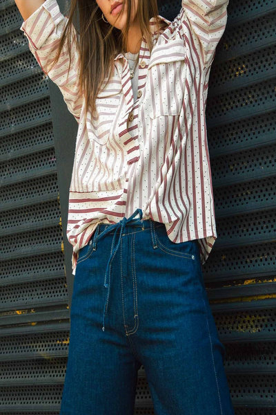 Cherry Wine Striped Colorblock Pointelle Top