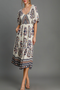 Morning Serenade Smocked Print Midi Dress